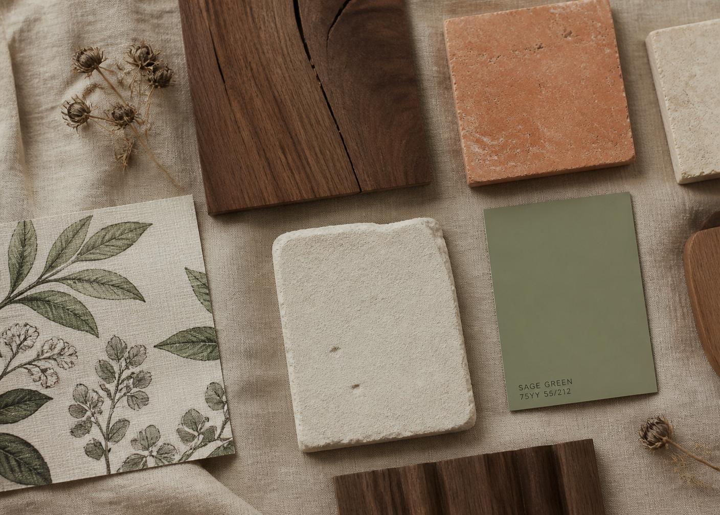 Campionatura materiali: noce, terracotta, calce, salvia