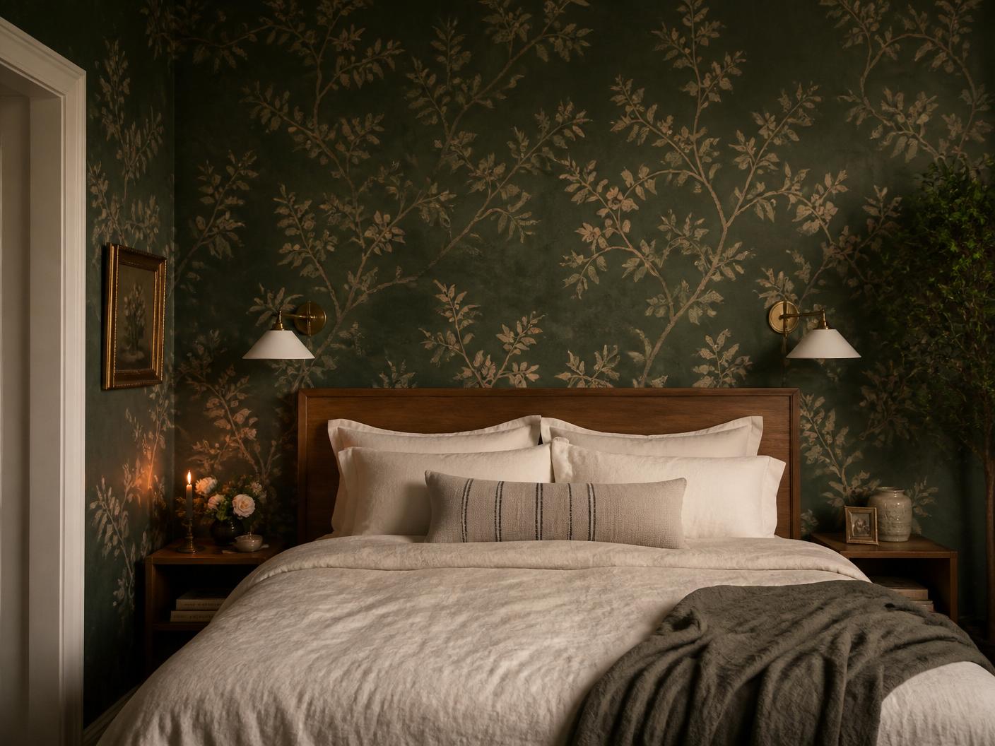 Camera da letto con carta da parati botanica
