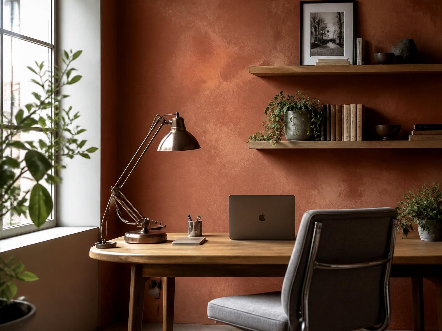 Angolo studio con parete decorativa in terracotta